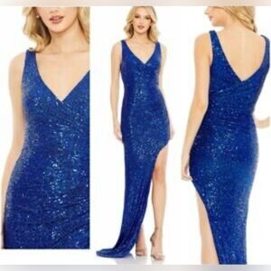 Mac Duggal Women's leena Sequined 
 Draped Faux Wrap Asymmetrical Hem Gown SZ 10